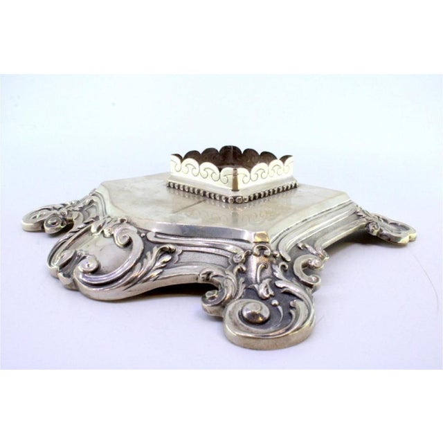 Metal Embossed and Engraved Silver Inkwell with Shells, Pearly Frieze and Monogram Card For Sale - Image 7 of 8