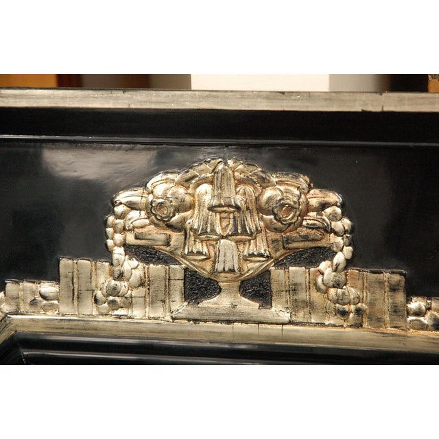French French Art Deco Mirror in Black Lacquer With Silver Leaf Relief Carvings For Sale - Image 3 of 6