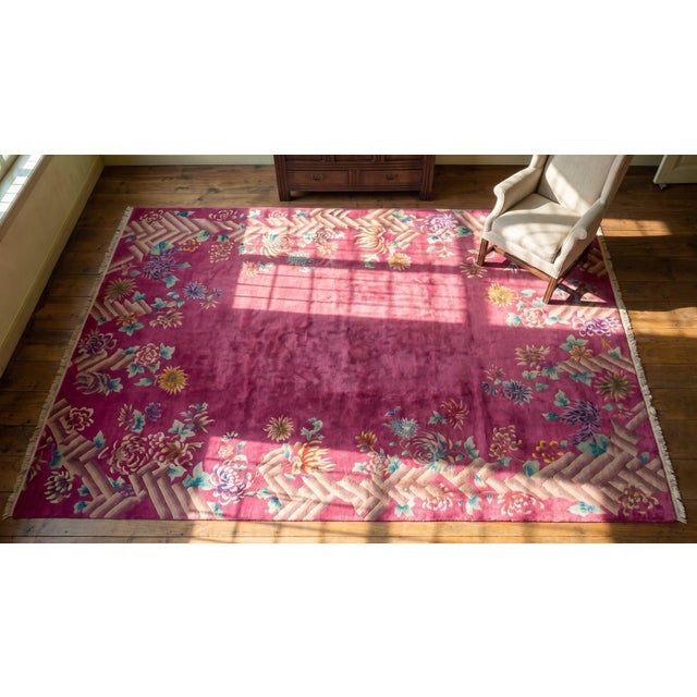 Fancy Pink Background Color With Special Floral Pattern Antique Chinese Art Deco Rug For Sale - Image 10 of 10