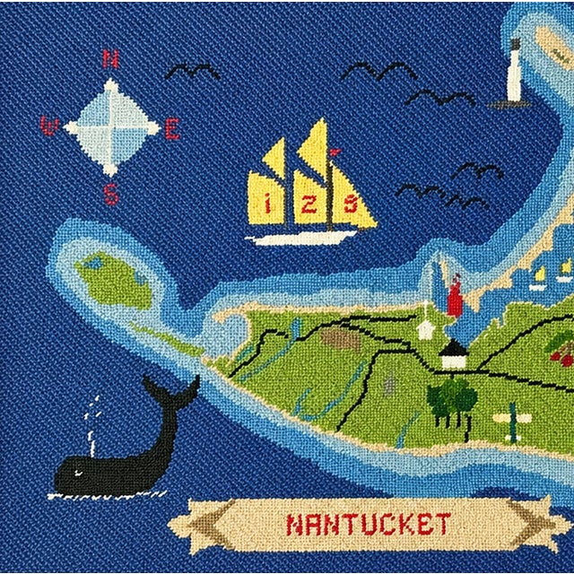 American Vintage Nantucket Island Needlepoint Map Framed Coastal Wall Art For Sale - Image 3 of 12