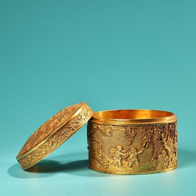 Late 20th Century Vintage Gilt Bronze Round Trinket Box With Figural Scene For Sale - Image 5 of 7