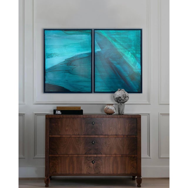 Offering a refined interplay of movement, depth, and luminous color, this set of original paintings by Stacey Warnix...