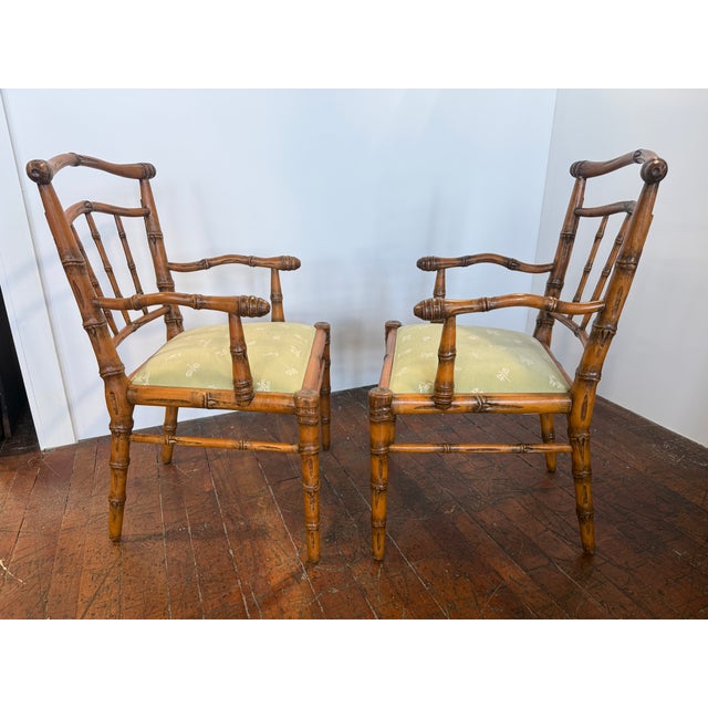 Brown Pair, Peter Rocchia the Wicker Works Carved Faux Bois Bamboo Armchairs For Sale - Image 8 of 10