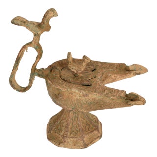 Ancient Persian Khurasan Islamic Engraved Calligraphy Bronze Oil Lamp c.1200 For Sale