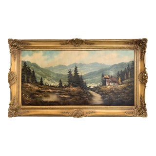 Large VTG Alpine Mountain Landscape Oil Painting European Cabin Framed Signed For Sale