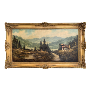 Large VTG Alpine Mountain Landscape Oil Painting European Cabin Framed Signed
