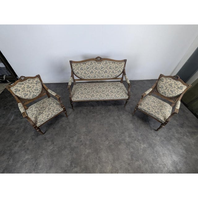 Louis XVI Style Living Room Set with Escutcheon Backrests, 19th Century, Set of 3 For Sale - Image 3 of 18