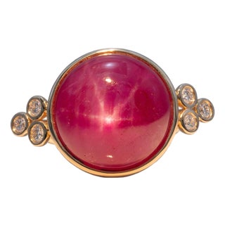 19.9ct Star Ruby Ring With Natural Diamond Accents: Solid 14k Gold, Round 15mm, Size 6.75 For Sale