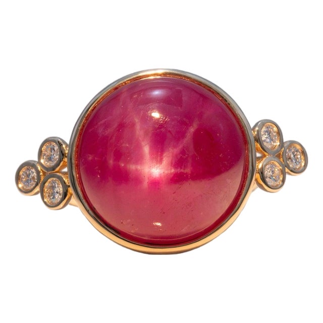 19.9ct Star Ruby Ring With Natural Diamond Accents: Solid 14k Gold, Round 15mm, Size 6.75 For Sale