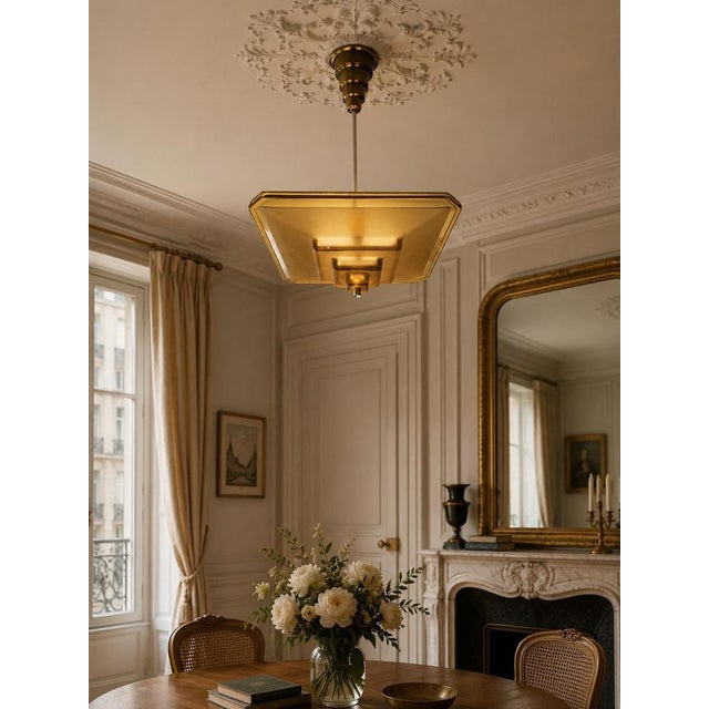 Metal Art Deco Verrerie Dart Amber Molded Glass Pendant Light by Degue, France, 1930 For Sale - Image 7 of 18