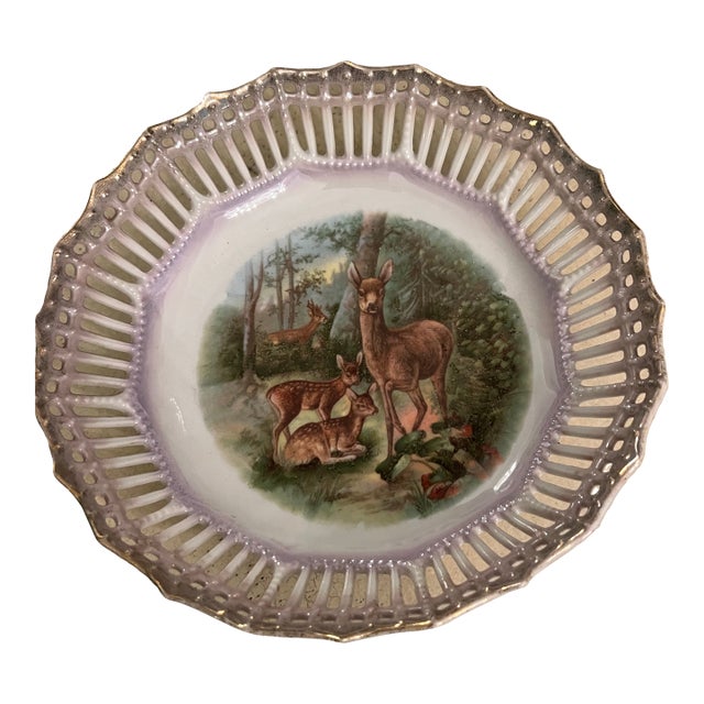 Antique German Pierced Edge Bowl With Deer For Sale