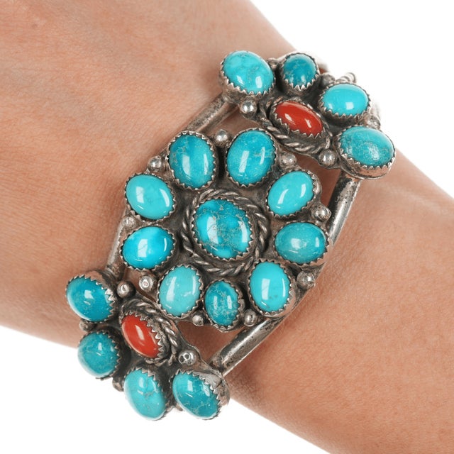 Native American 6 5/8" c1970's JB Native American sterling turquoise and coral cluster cuff bracelet For Sale - Image 3 of 11