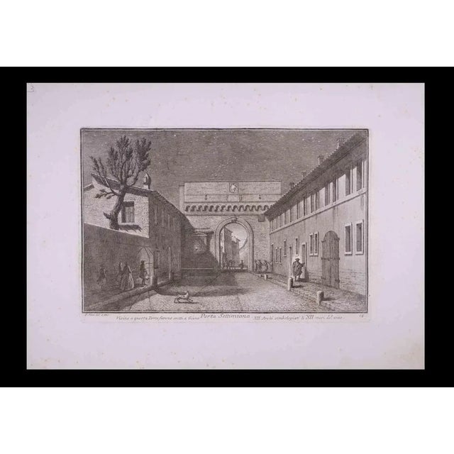 Porta Settimiana is an original black and white etching of the Late 18th century realized by Giuseppe Vasi. Signed and...