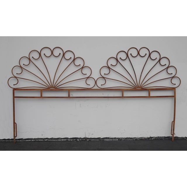 Mid-Century Modern Vintage French Country Double Peacock Style Metal King Headboard Bronze Colored For Sale - Image 3 of 11