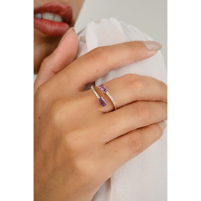 Dainty Two Stone Amethyst by Pass Ring Gift for Her- Size 7 For Sale In New York - Image 6 of 12