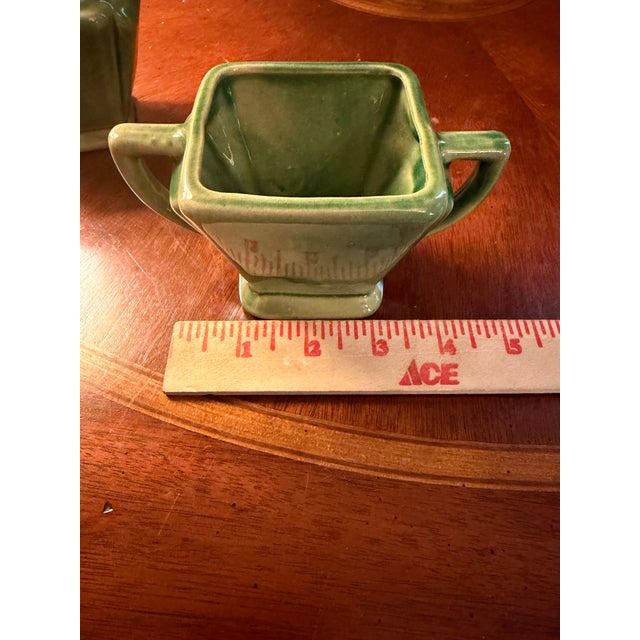 Green Anna Van Briggle Art Deco Pottery Green Glaze Creamer & Sugar ca.1955 For Sale - Image 8 of 13