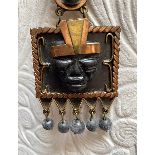 1950s 1950s Mid Century Vintage Hand Made Copper Brass Onyx Mayan Aztec Necklace For Sale - Image 5 of 9