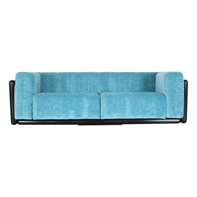Iroko Cornaro Sofa in Wood and Azure Velvet by by Carlo Scarpa for Studio Simon, 1974 For Sale