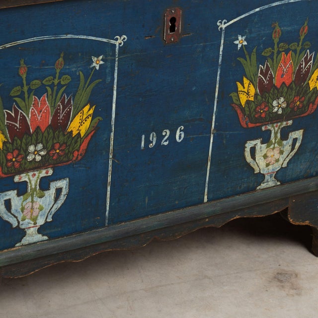 1926 Original Blue Hand-Painted Pine Flat Top Trunk For Sale - Image 12 of 15