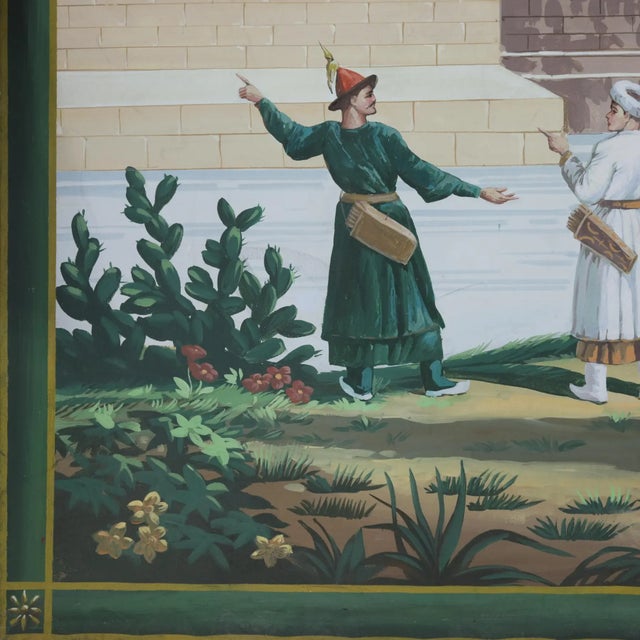 Green Large Vintage Chinoiserie Decorative Painting With Archers and Ornamental Pagoda For Sale - Image 8 of 10