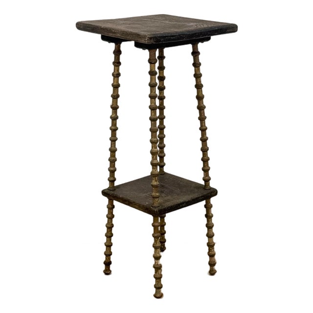 Petite Antique Spool Leg Side Table Two Tier Plant Stand, Pedestal, Wooden Top For Sale