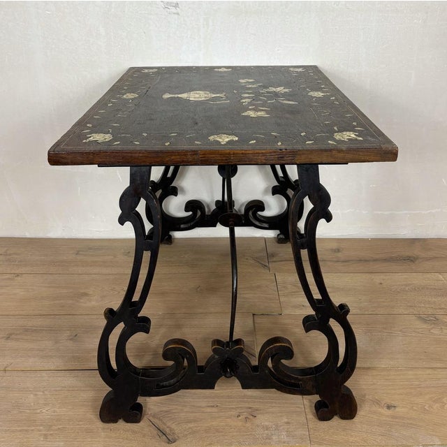 1930s Spanish Baroque Style Side Table with Floral Marquetry Top and Ebonized Base, 1930 For Sale - Image 5 of 15