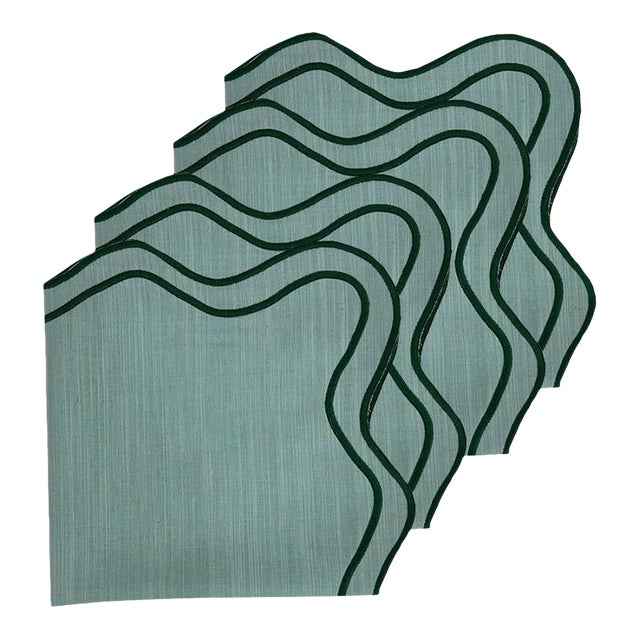 Handmade Wave Scalloped Napkins with Double Embroidered Trim, Green - Set of 4 For Sale
