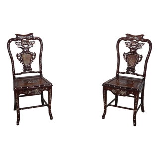 Pair of Vietnamese Mother of Pearl Inlaid Occasional Side Chairs For Sale