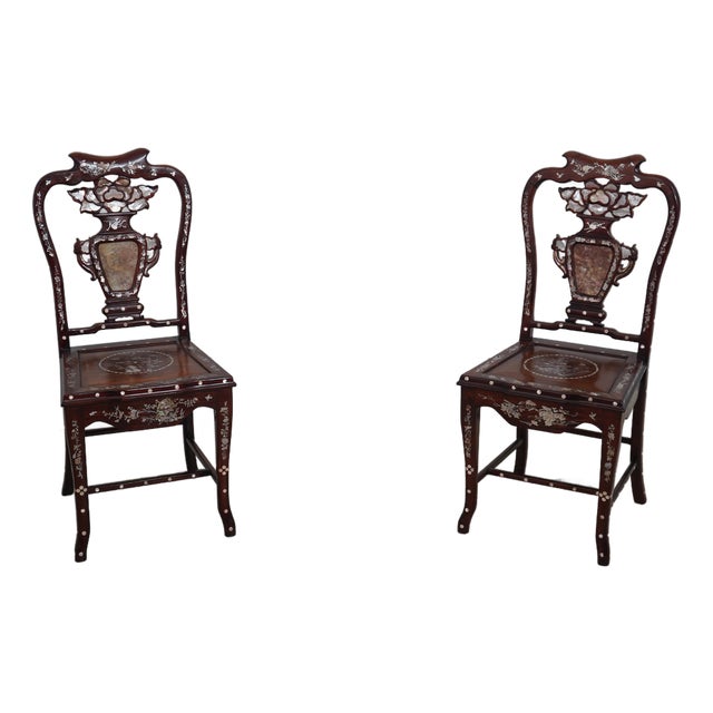 Pair of Vietnamese Mother of Pearl Inlaid Occasional Side Chairs For Sale