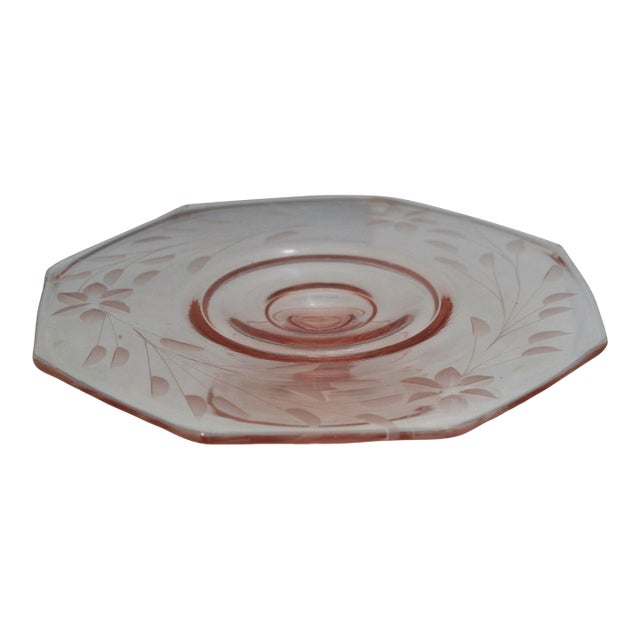 Vintage Pink Depression Glass Octagonal Floral Etched Cake Stand For Sale