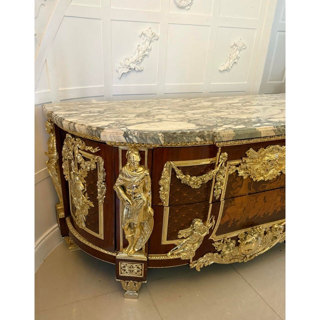 Brown Antique Louis XVI Style of Mahogany, Fruitwood Marquetry & Gilt Bronze Mounted Commodes after the Original by Jean-Henri Riesener, 1900s, Set of 2 For Sale - Image 8 of 18