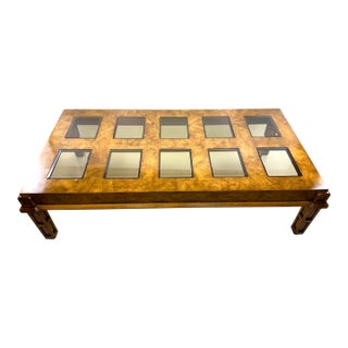 Italian Burl Wood Coffee Table in the Manner of Milo Baughman With Inset Glass Panels, 1970s For Sale