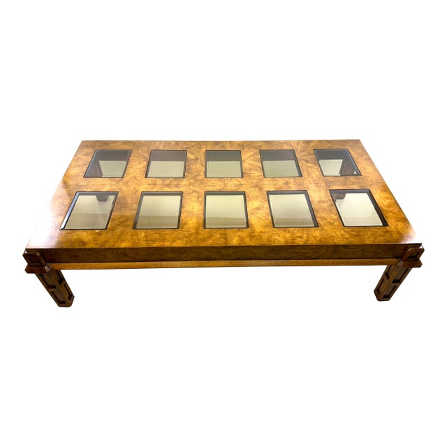 Italian Burl Wood Coffee Table in the Manner of Milo Baughman With Inset Glass Panels, 1970s For Sale