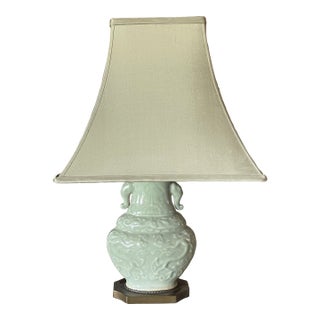 Antique Japanese Celadon Elephant Lamp With Rh Silk Shade For Sale