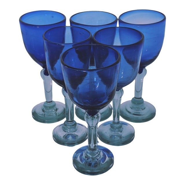 Late 20th Century Mexican Hand-Blown Cobalt Blue Wine Goblets With Aqua Stems 8" - Set of Six For Sale