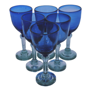 Late 20th Century Mexican Hand-Blown Cobalt Blue Wine Goblets With Aqua Stems 8" - Set of Six
