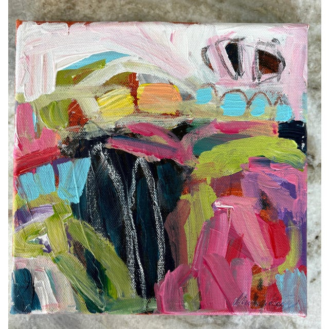 Colorful, textural original abstract, acrylic on stretched canvas over wood, signed on recto, in natural frame, ready to...