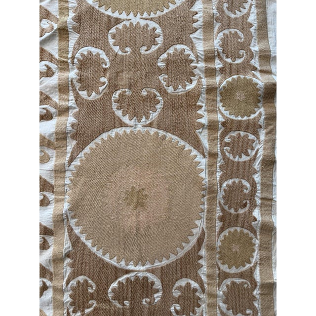 Mid-Century Modern Hand-Embroidered Large Neutral Tan Suzani Coverlet For Sale - Image 3 of 11