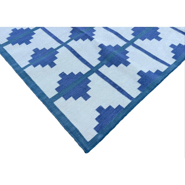 Handmade Cotton Vegetable Dyed Area Rug, Cream, Blue and Teal Blue Star Striped Dhurrie - 9'x12' For Sale - Image 6 of 10