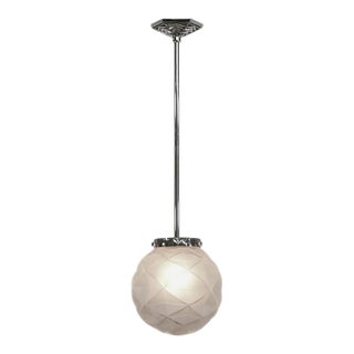 1930s French Art Deco Geometric Frosted Glass Globe Pendant Light by Degue For Sale