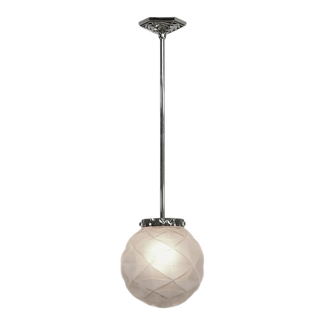1930s French Art Deco Geometric Frosted Glass Globe Pendant Light by Degue For Sale
