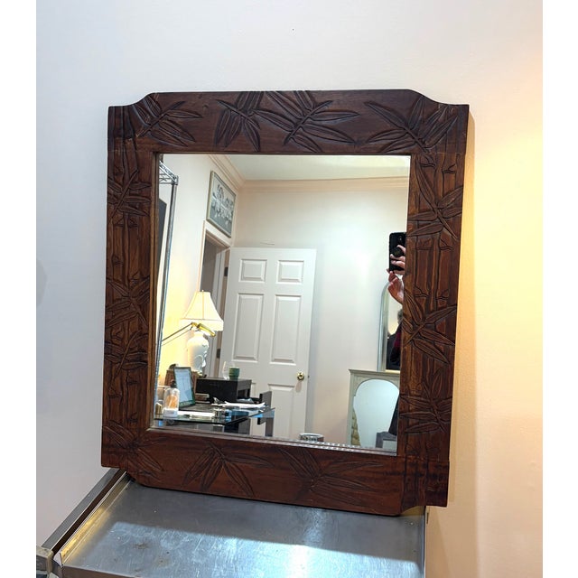 Carved Wood Bamboo/Leaf-Frame Wall Mirror For Sale - Image 4 of 5