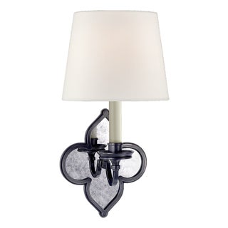Alexa Hampton for Visual Comfort Signature Lana Single Sconce in Gun Metal and Antique Mirror with Linen Shade For Sale