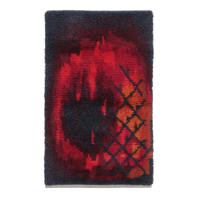 Vintage Swedish Rya Rug With Crimson and Orange Abstract Pattern - Rug & Kilim For Sale