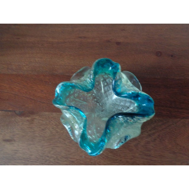 Vintage glass bowl 1950's/60's. Turquoise with silver and gold flake Ruffled edge and hand blown