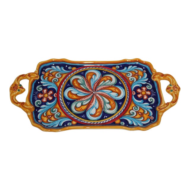 Early 21st Century Hand-Painted Italian Ceramic Serving Tray With Handles