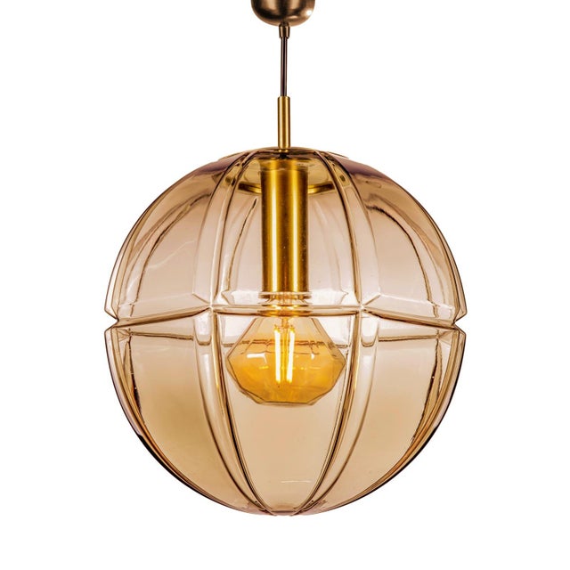 Metal Vintage Pendant Lamp in Smoked Glass and Brass from Peill & Putzler, Germany, 1970s For Sale - Image 7 of 9