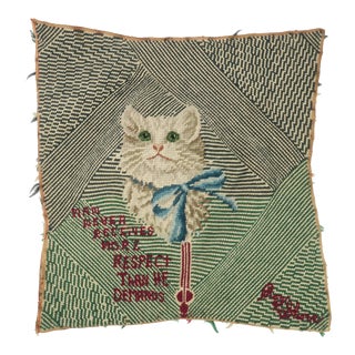 Folk Art Cat Portrait Needlepoint, 1960's For Sale