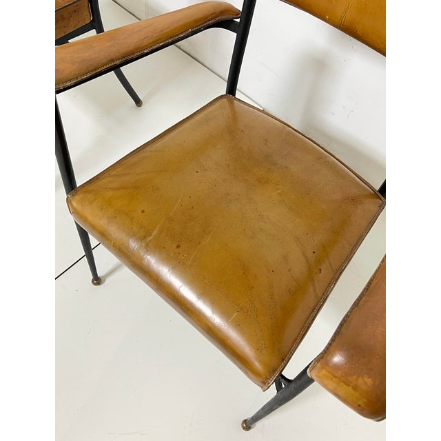 Metal C. 1940s Jacques Adnet Saddle Leather and Wrought Iron Armchairs - A Pair For Sale - Image 7 of 16