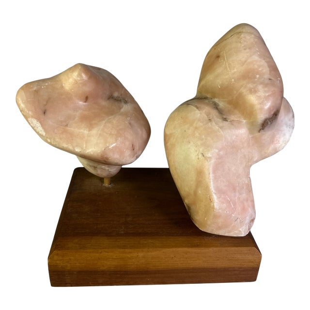 1970s Modern Rose Marble Sculpture on Wooden Base For Sale